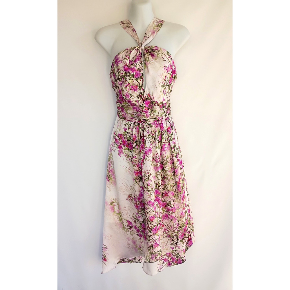 Vintage Bebe Y2K 100% Silk Watercolor Floral Halter Dress Pink White High Low XS - Picture 13 of 13
